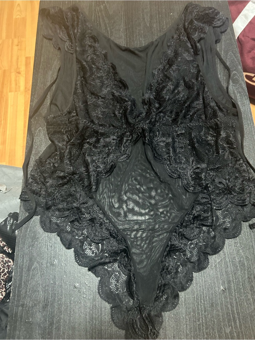 Black Lace Plunge Chemise with Scalloped Trim